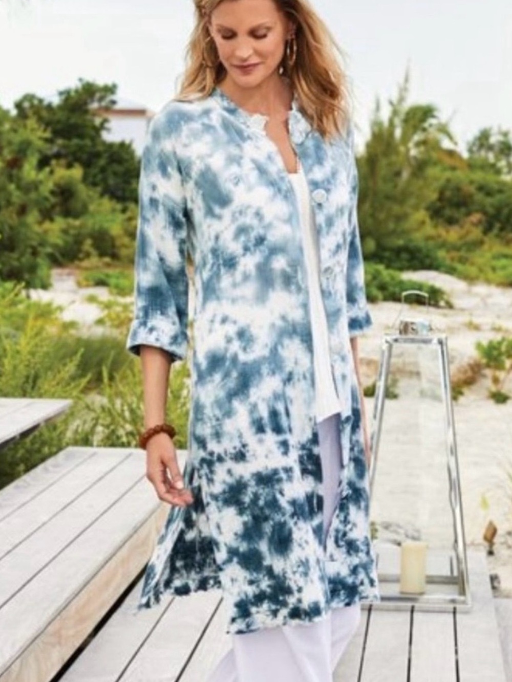 Soft Surroundings blue white tie dye gauze bohemian beach coverup Tunic size M